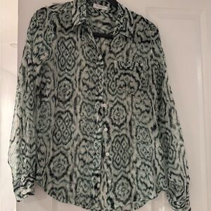 Equipment Abstract Pattern Sheer Blouse - Black and White and Green